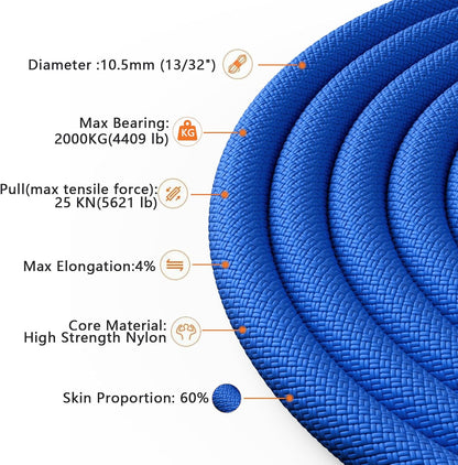 Outdoor Climbing Rope 10M(32Ft) 20M(64Ft) 30M(96Ft) 50M(160Ft) 70M(230Ft) 152M(5